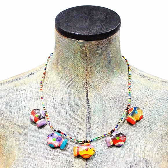 VTG 80's Mexican Fiesta Ceramic Fish Necklace - Picture 2 of 3